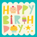 Alphabet Art, a colourful happy birthday card for kids with cupcakes, stars, candles and big letters